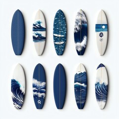 Collection of stylish surfboards designed with ocean wave patterns in various shades of blue, perfect for beach enthusiasts.