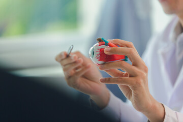 Ophthalmologist using anatomical model of eye to explain to patient with vision problem in...