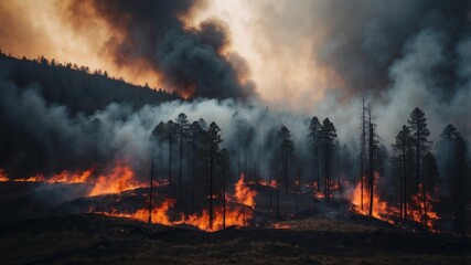 Overhead view of a severe forest fire capturing the dramatic scope.