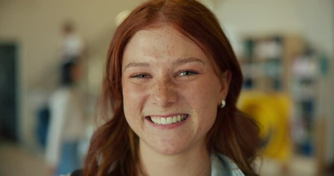 High school, student and face with happiness for education, pride for knowledge or learning. Teenage girl, smile and excited for scholarship opportunity at academy, youth with commitment to study