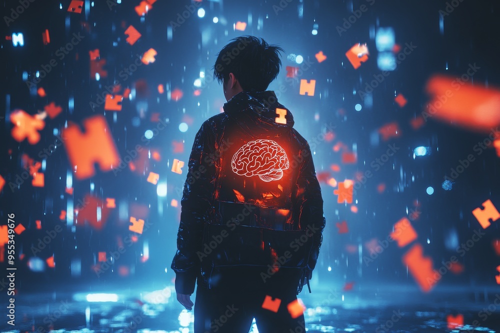 Poster cognitive flexibility synaptic transmission back view of a person in a futuristic cityscape with glo