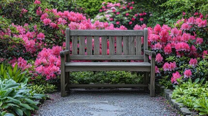 Tranquil Retreat: Secluded Garden Bench Amid Blooming Pastel Azaleas