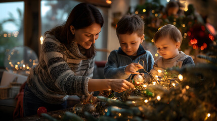 a family celebrating christmas, portrait, mom and children, Christmas