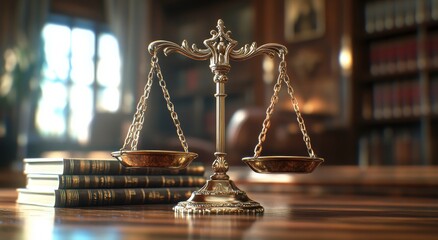 Golden scales of justice with law books in an elegant courtroom setting