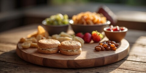 Small rustic snack board on the wooden table in natural sunlight.