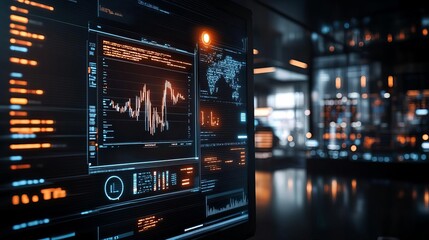 An AI-powered financial trading floor with glowing data streams and automated systems, symbolizing AI in finance
