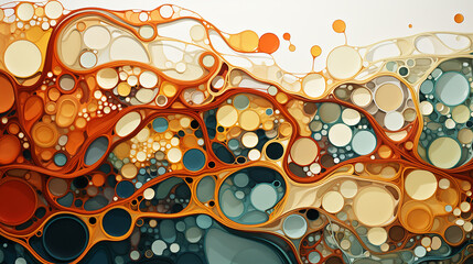 Organic 3D Abstract Cellular Camouflage with Fluid Metal Patterns and Gold-Bordered Shapes.
