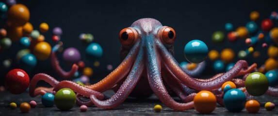 Playful octopus juggling colorful balls with its tentacles minimalist.
