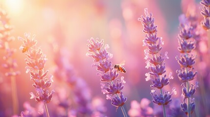 Obraz premium Serene Sunlit Lavender Field with Bees Collecting Nectar in Soft Pastel Tones