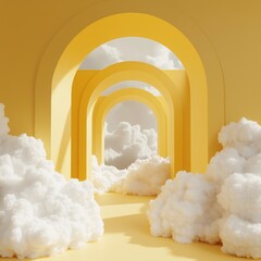 yellow background with white clouds arched tunnel minimalist style simple clean render