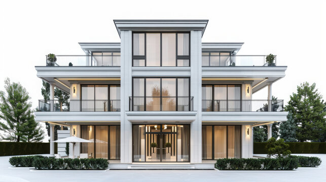 Three-story villa with two floors and one Maoism floor in a modern Chinese style, white background, front view, architectural design rendering effect, high definition.