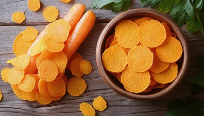 Freshly sliced carrot chips served in a wooden bowl with vibrant orange colors and fresh greens
