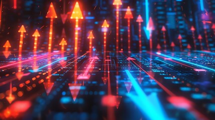 Vibrant arrows and data charts over a digital interface, representing financial growth and market trends