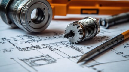 Metal parts and tools on blueprint. This image can be used for articles about engineering, manufacturing, or industrial design.