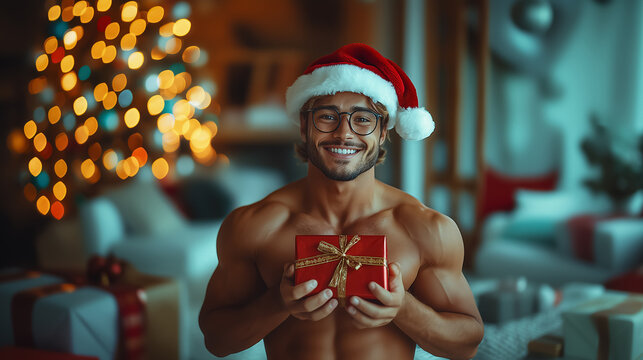 20s sexy shirtless man holding a christmas gift, muscular latino Brazilian guy with glasses looking at camera. 