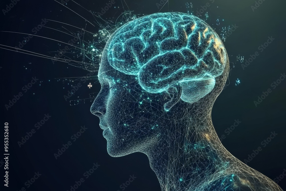 Poster Brain function Synaptic transmission Digital rendering of a brain with neural connections symbolizing the complexity of thought processes and the power of human intellect