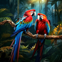 Obraz premium two parrots sitting together on branch, AI Generated
