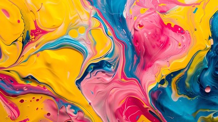 Vibrant swirls of colorful paint, blending yellow, pink, and blue hues in an abstract, dynamic composition