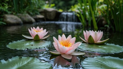 Tranquil Garden Oasis with Pastel Water Lilies on Still Pond Surrounded by Lush Foliage
