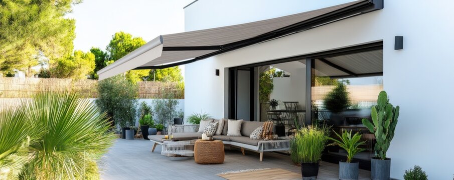Stylish outdoor patio with modern furniture, plants, and a retractable awning, perfect for relaxation and entertaining.