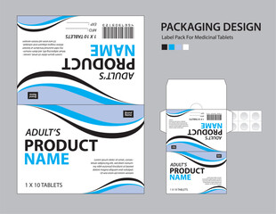 Label pack for medicinal tablets, label medicine paper design, medicine packaging design, healthcare product design. product label, realistic mock-up. wave background concept. vector illustration