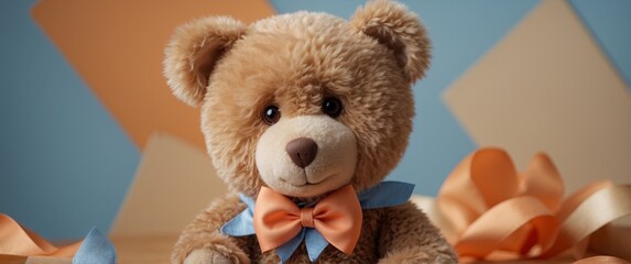 A teddy bear with a bow tie on a light orange and blue background.