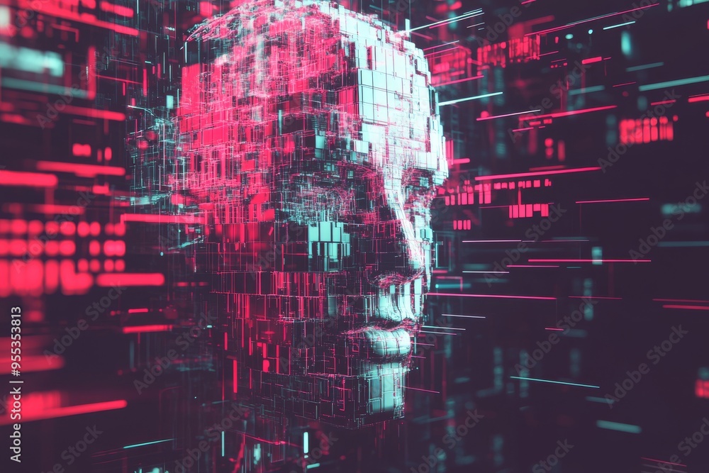 Poster brain asymmetry synaptic transmission digital glitch portrait of a human face representing the fragm