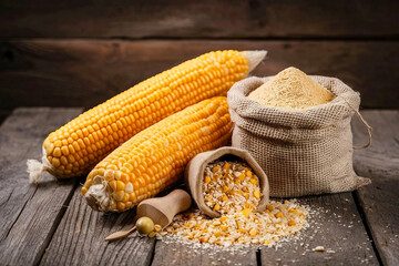 Corn cobs next to a sack of cornmeal on rustic wooden table. Ai Generated