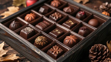 handmade chocolates gift box on autumn background