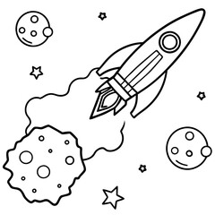 Rocket ship navigating through an asteroid field, line art