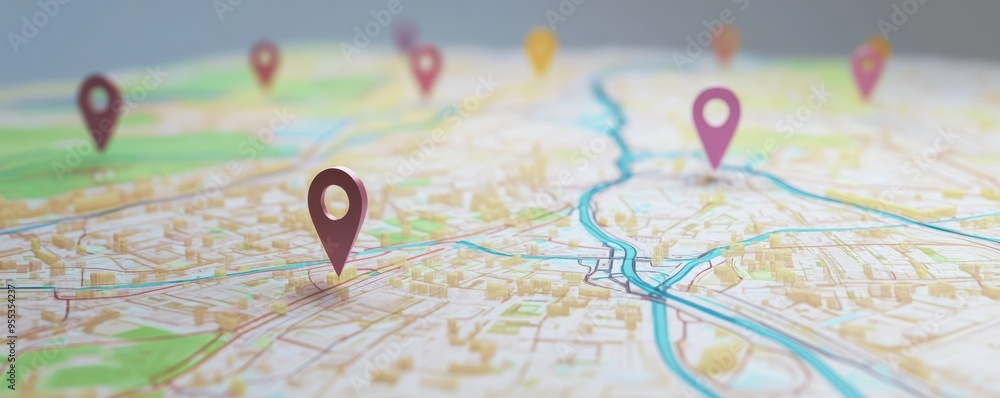 Poster vibrant map with colorful location markers showcasing navigation and geography concepts in urban exp