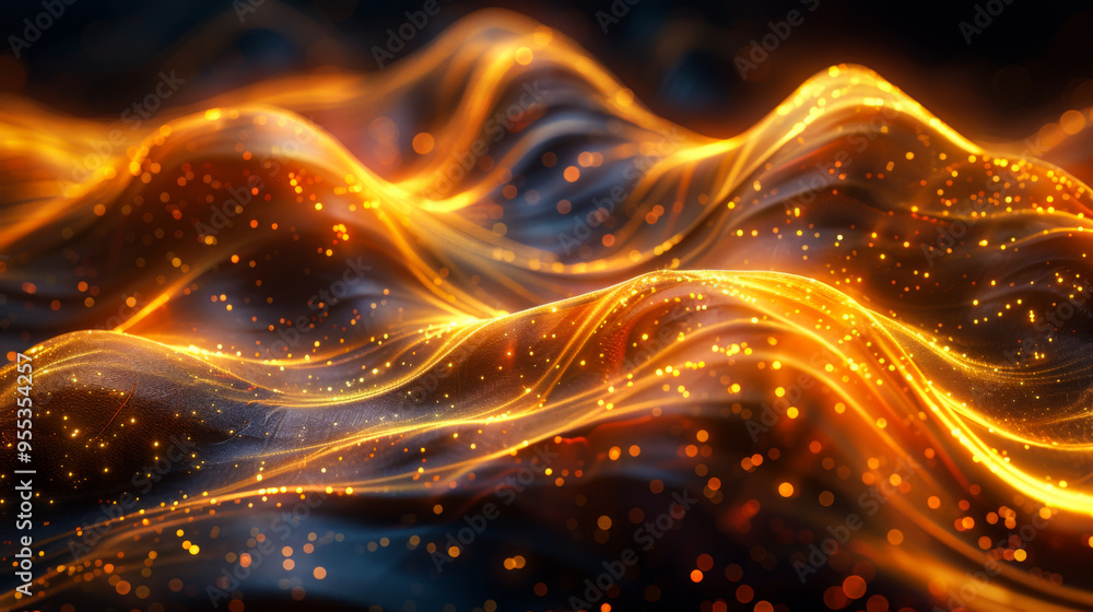 Poster the image is a computer generated image of a wave with lots of sparkles. the scene is energetic and 