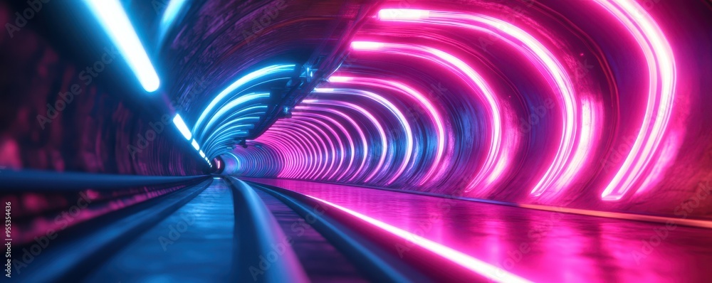 Poster vibrant neon tunnel with glowing lights and smooth reflections, creating an atmospheric and futurist