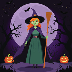 Witch with Broom with Pumpkin - Spooky Halloween Vector Illustration and Scary Background