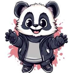 Fototapeta premium Cute Cartoon Panda Wearing a Leather Jacket