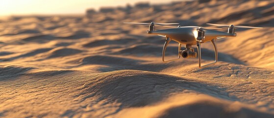 A modern drone captured in a sandy landscape during sunset, showcasing advanced technology in an expansive environment.