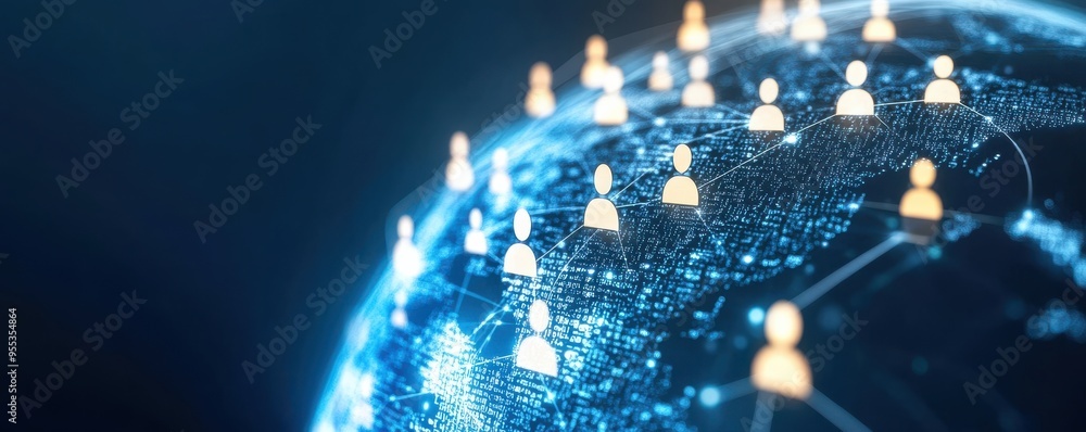 Poster virtual network connections represented by user icons on a digital globe, symbolizing global communi