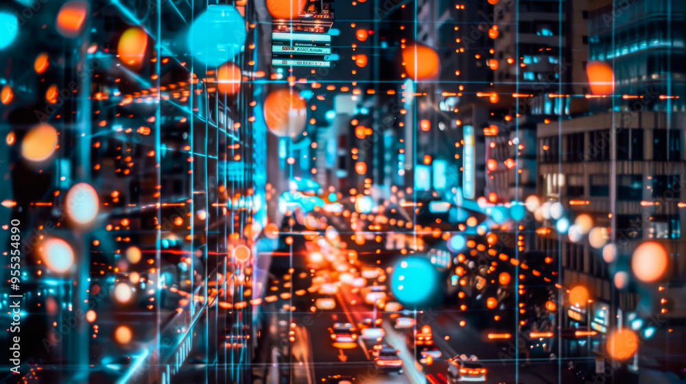 Poster cityscape with many lights and dots. dots of different sizes and colors are scattered throughout the