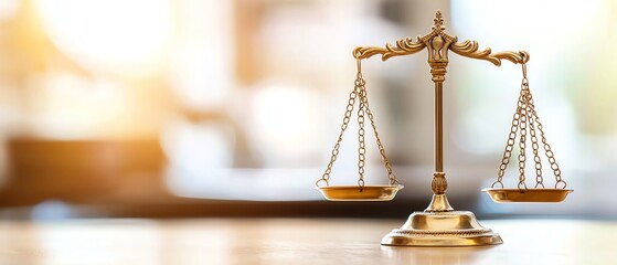 A golden balance scale symbolizing justice and law with a blurred background, representing fairness and legal concepts.