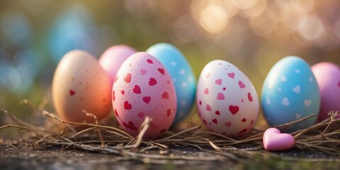 Cute Easter eggs with pink heart closeup.
