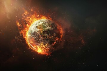 Fiery planet Earth surrounded by dark space with sparks and smoke, symbolizing climate change and apocalyptic themes
