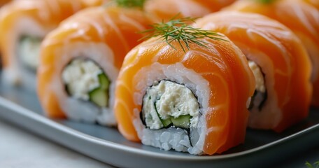 Fresh sushi rolls with cream cheese and salmon garnished with herbs on a plate