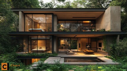 Fototapeta premium Modern two-story house surrounded by lush greenery and glass walls.
