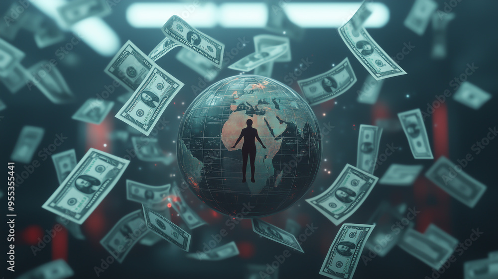 Wall mural a globe surrounded by floating dollar bills, with a person standing free at the center, symbolizing 