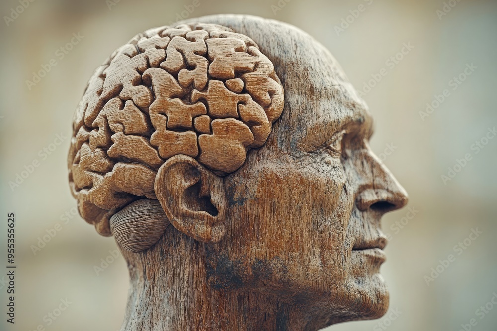 Poster brain oscillations synaptic transmission side profile of a brain shaped sculpture symbolizing the pe