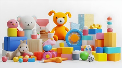 Fototapeta premium Vibrant Toy Store Promotion Diverse Playthings Showcased on Pristine White Background