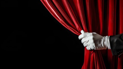 Background texture: open stage on black background. Hand in white glove opens red curtain.