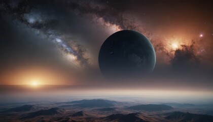 A large planet hangs in the sky above a distant, desert planet, with the Milky Way galaxy and a...