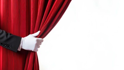 Background texture: open stage on white background. Hand in white glove opens red curtain.