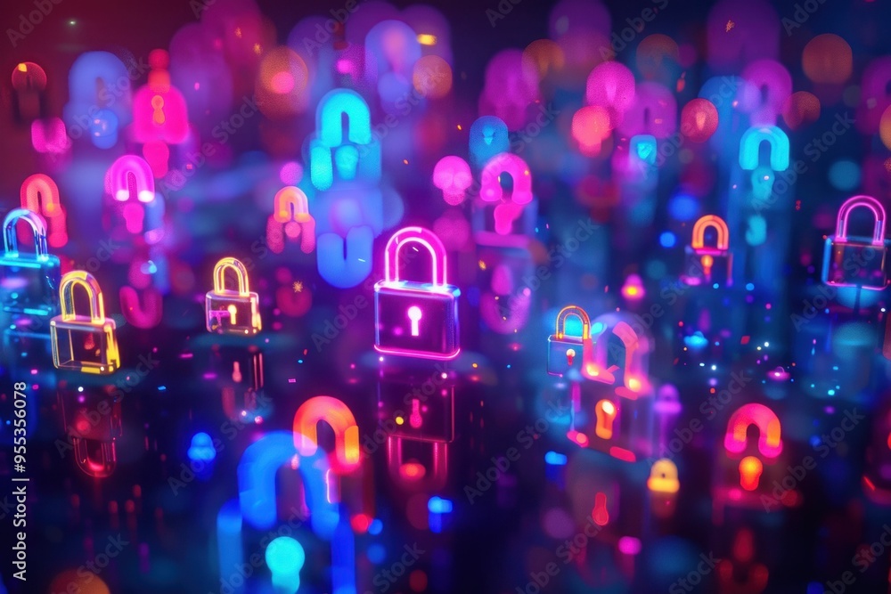 Poster neon digital locks with colorful glow in a dark abstract background, symbolizing cybersecurity and d